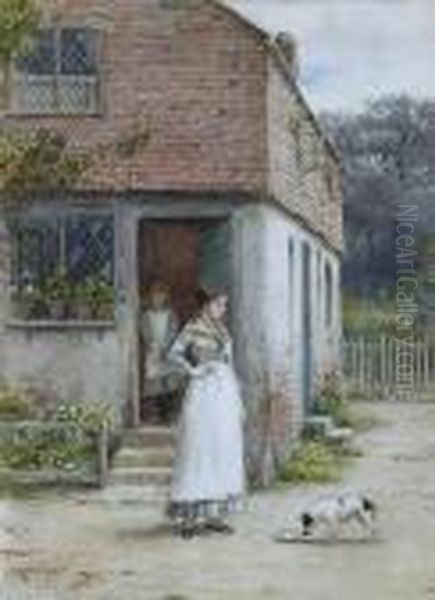 Woman And Dog Before A Cottage Oil Painting by George Goodwin Kilburne