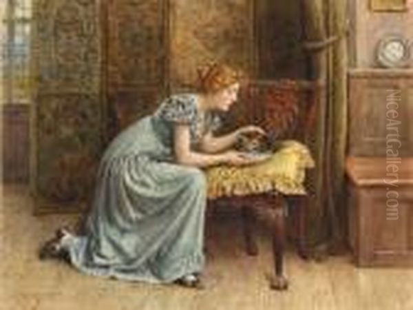 Tending The Invalid: A Young Girl Feeding A Cat Oil Painting by George Goodwin Kilburne