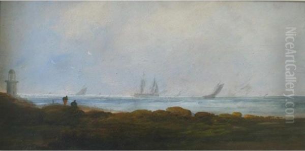 Coastal Scene With Vessels Offshore Oil Painting by S.L. Kilpack