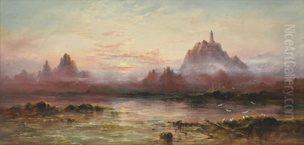 La Corbiere Lighthouse, Jersey At Sunset Oil Painting by S.L. Kilpack