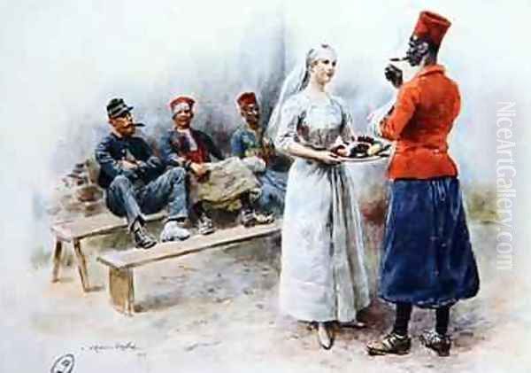 The Favourite Nurse with Zouaves and soldiers during the First World War 1915 Oil Painting by Maurice Henri Orange