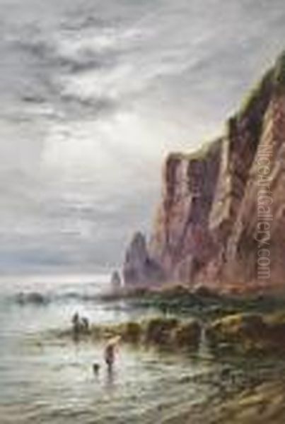 Figures Shrimping Below A Cliff, Le Pulec, Jersey Oil Painting by S.L. Kilpack