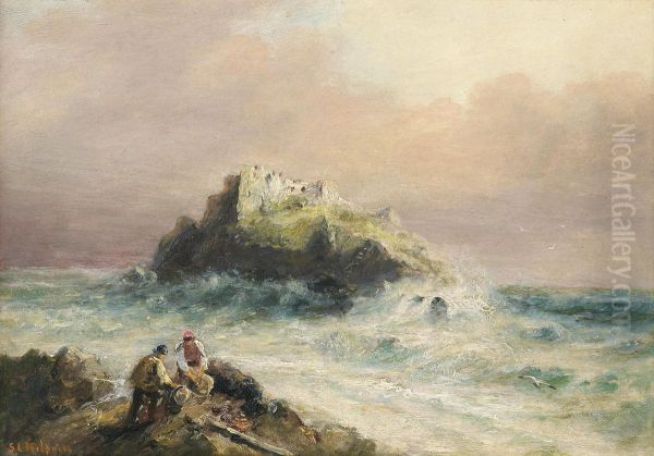 Fishermen On The Rocks Before A Castle Oil Painting by S.L. Kilpack