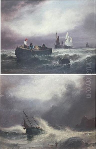 Fishing Boat In Rough Sea, Together Withanother Of Fishermen And Their Boats In A Calm Oil Painting by S.L. Kilpack