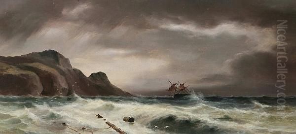 A Stormy Coastal Scene With A Two Master In Trouble, Signed Oil Painting by S.L. Kilpack