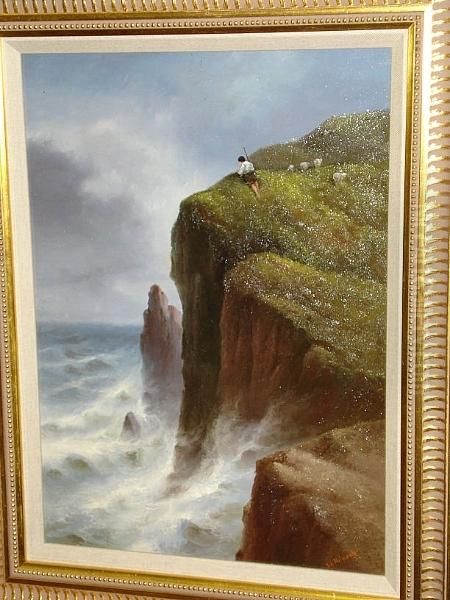 A Coastal Scene With A Shepherd And Sheep Atop A Cliff, Signed Oil Painting by S.L. Kilpack