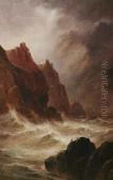 A Stormy Coastal Scene With Birds To The Fore On Rocks, Cliffs Beyond, Signed Oil Painting by S.L. Kilpack