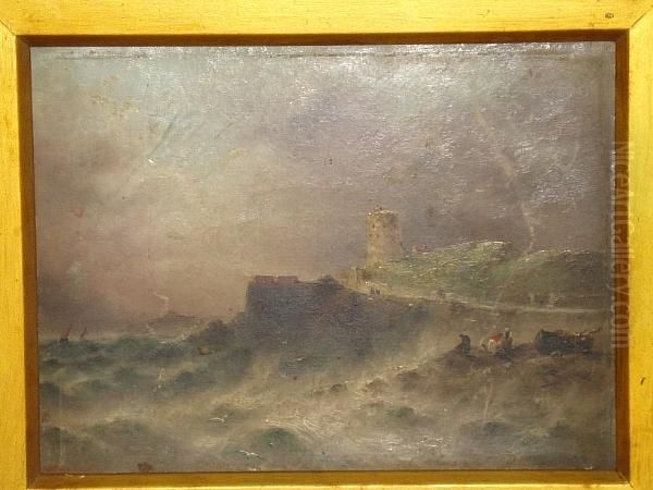 A Jersey Coastal Scene, Figures On Rocks To The Fore, Defensive Tower Beyond, Signed Oil Painting by S.L. Kilpack