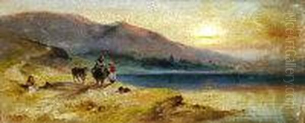 Sunset Coastal Scene With 
Figures And Ponies And The Other Coastal Scene With Fisherman And 
Cottage In Foreground Probably Irish Scenes Signed 12cm X 26cm & 
11cm X 24cm Oil Painting by S.L. Kilpack