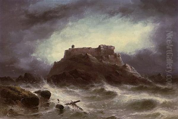 Rough Weather. The Grande Rocque, Cobo Bay, Guernsey Oil Painting by S.L. Kilpack