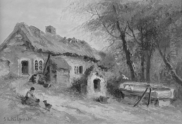 A Rural Scene, A Woman And Dog Before A Thatched Cottage Oil Painting by S.L. Kilpack