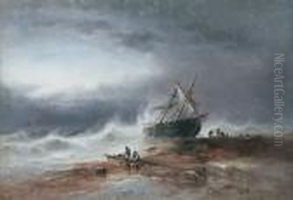 A Wreck Scene, A Two Master On The Rocks, Figures Nearby Oil Painting by S.L. Kilpack