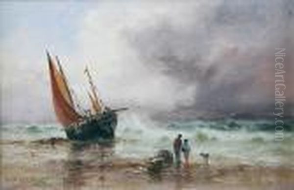 A Coastal Scene With Figures To The Fore, A Beached Fishing Smack Beyond Oil Painting by S.L. Kilpack