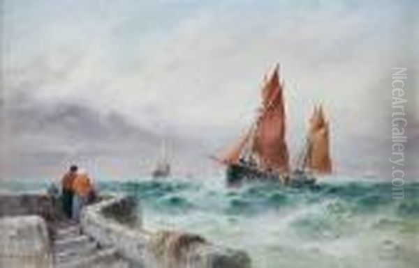 A Coastal Scene With Figures On A Stone Jetty To The Fore Watching A Fishing Boat Return Oil Painting by S.L. Kilpack