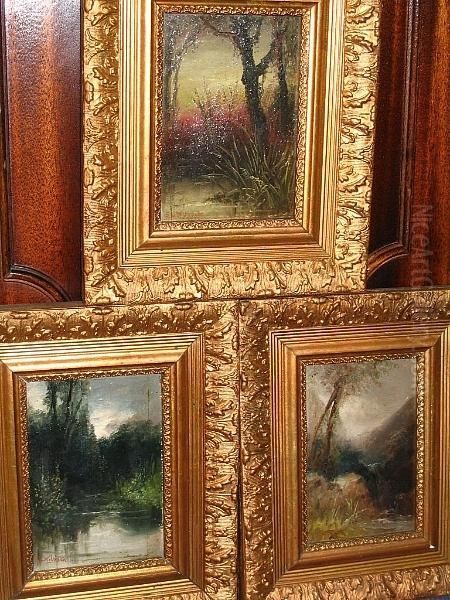 Landscape Studies, A Collection Of Three Small Studies Of Trees Beside Water Oil Painting by S.L. Kilpack