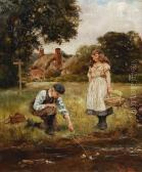 Boy And Girl By A Stream Oil Painting by Henry John Yeend King