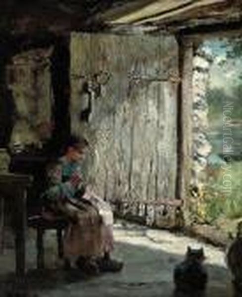 Sewing At The Cottage Door Oil Painting by Henry John Yeend King