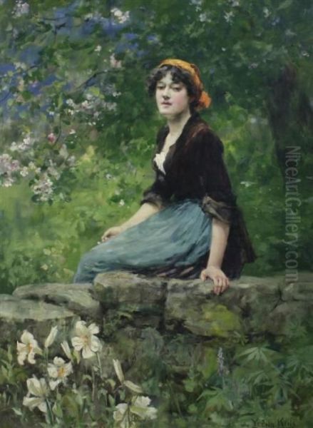 Young Woman Seated On A Wall Oil Painting by Henry John Yeend King