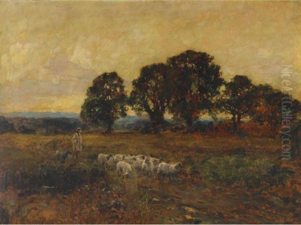 Gentleman Herder With His Dog And Flock Oil Painting by Henry John Yeend King