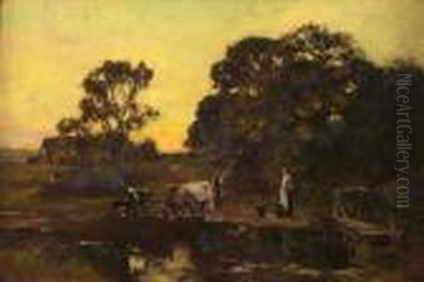 Lady And Cattle By Water's Edge With Cottage Beyond At Sunset Oil Painting by Henry John Yeend King