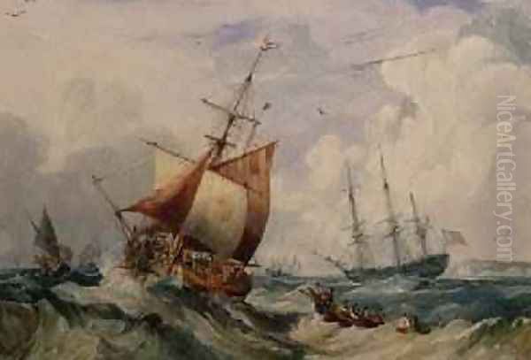 A French Fishing Smack in a Swell off Dover Oil Painting by Samuel Owen