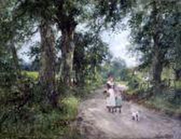 Mother, Child And Terrier On A Lane Oil Painting by Henry John Yeend King