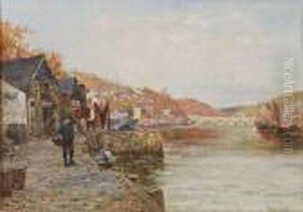 Boys Fishing From The Pier In Looe Cornwall Oil Painting by Henry John Yeend King