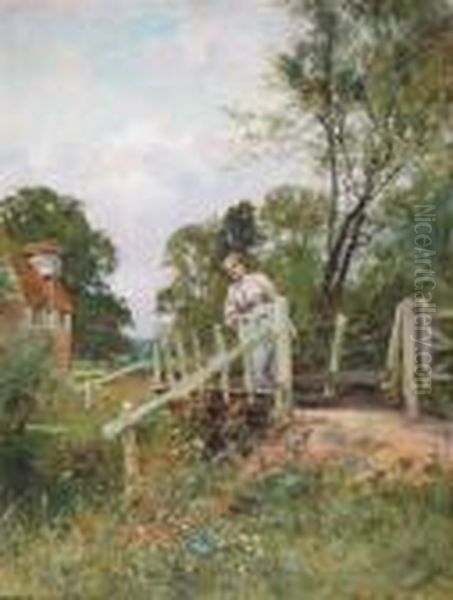 A Girl On A Bridge, A Cottage Beyond Oil Painting by Henry John Yeend King