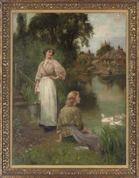 Feeding The Ducks, A Summer Day By The River Oil Painting by Henry John Yeend King