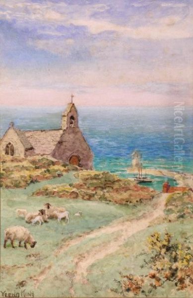 A Cliff-top Chapel Oil Painting by Henry John Yeend King