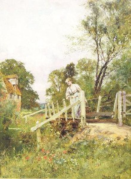 A Lady By A Bridge Oil Painting by Henry John Yeend King