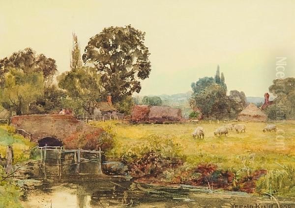 River Landscape With Sheep Grazing Oil Painting by Henry John Yeend King