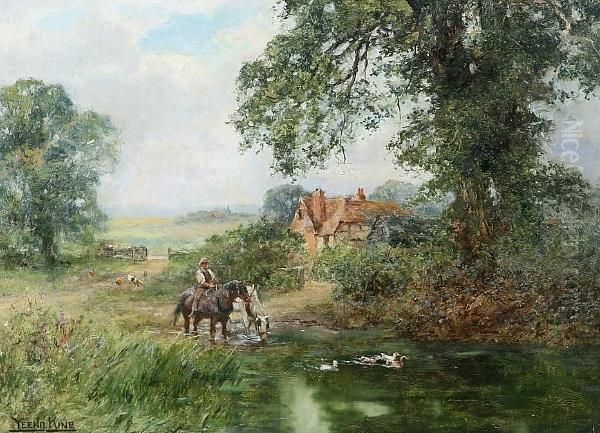 A Rural Scene With A Farmer 
Watering Two Heavy Horses, Ducks Nearby, Chickens And A Farm Beyond, 
Signed Oil Painting by Henry John Yeend King