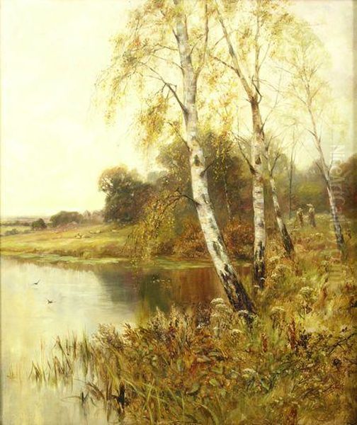 Silver Birch Trees By A River, Figures, Sheep And Oil Painting by Henry John Yeend King