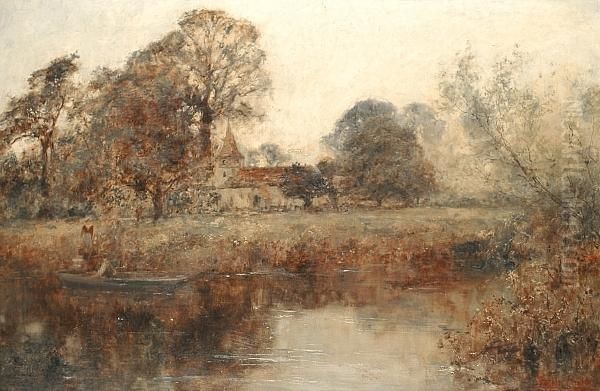 A River Landscape, A Country Church Beyond Oil Painting by Henry John Yeend King