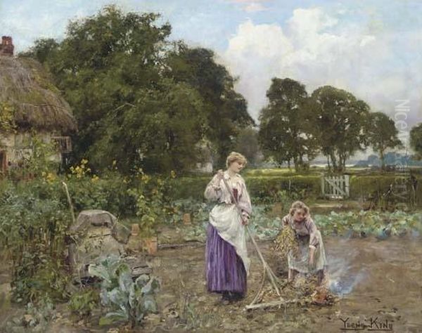 Raking The Leaves Oil Painting by Henry John Yeend King