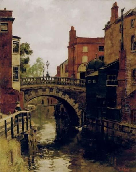 Young Boy Angling On The Bank Of A Canal In A Town Oil Painting by Henry John Yeend King