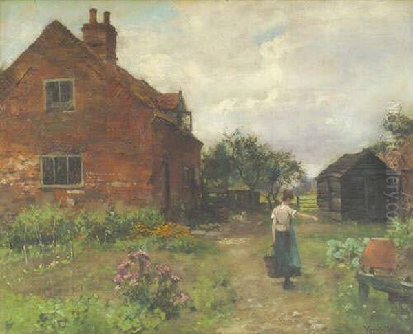 R.b.a., V.p.r.i., R.o.i. 
Milkmaid In A Cottage Garden, A Dog Beside A Fence Nearby Signed, Also 
Inscribed With The Artist's Name On The Original Frame Oil Painting by Henry John Yeend King