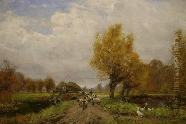 Pastoral Landscape With Sheep And Geese Oil Painting by Henry John Yeend King