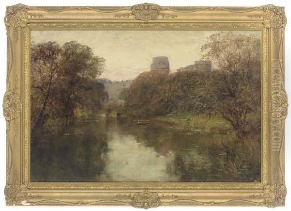 A Rowing Boat On The River Avon, Warwick Castle Beyond Oil Painting by Henry John Yeend King