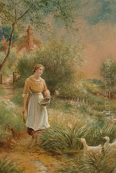 Feeding The Ducks (#) Picking The Berries Oil Painting by Henry John Yeend King