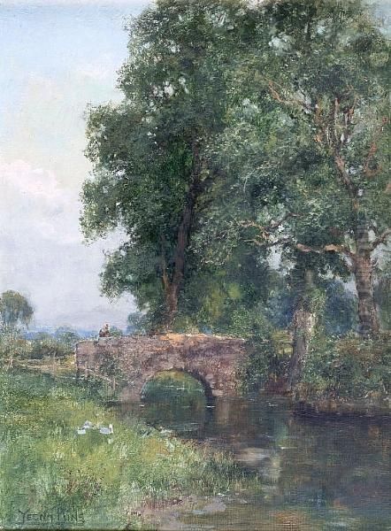 Tranquil River Landscape With A Figure On A Bridge Oil Painting by Henry John Yeend King