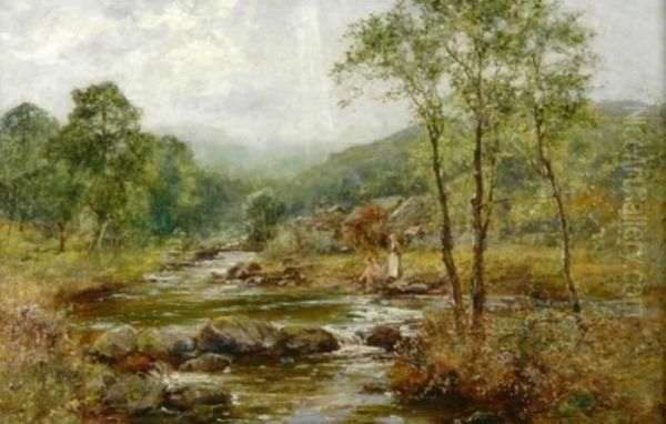 River Landscape With Two Figures Oil Painting by Henry John Yeend King