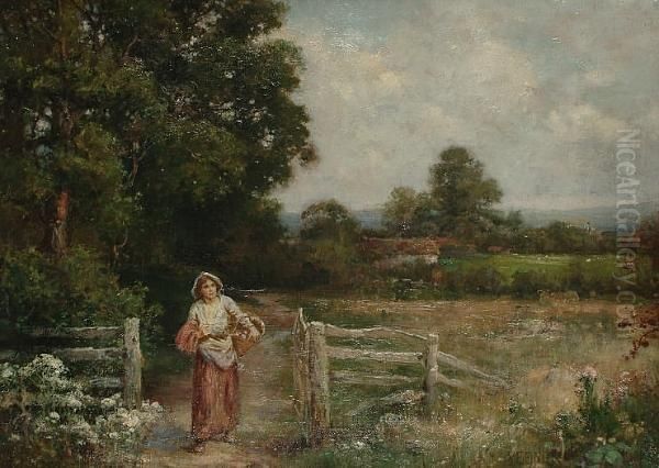 A Girl With A Basket On A Country Lane Oil Painting by Henry John Yeend King