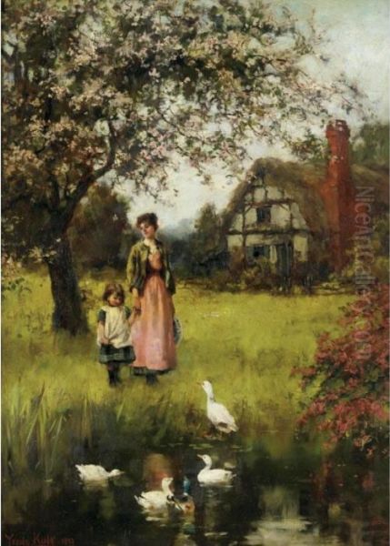 Mother And Child In A Landscape With Cottage And Duckpond Oil Painting by Henry John Yeend King