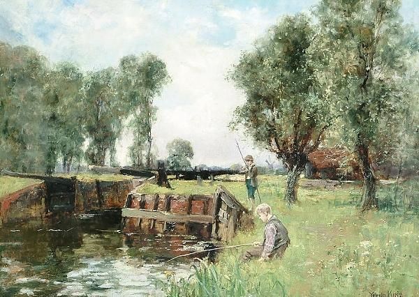 Boys Fishing By A Canal Oil Painting by Henry John Yeend King