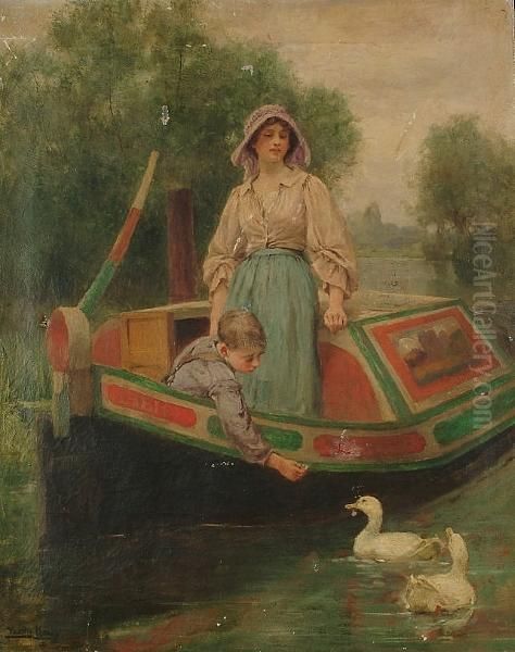 Mother And Child On A Canal Barge Oil Painting by Henry John Yeend King