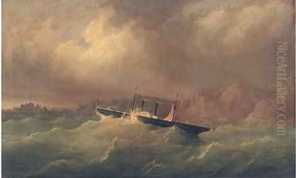 The Channel Islands paddle steamer Dispatch in a perilous situation off La Moye Signal Station, 17th October 1851 Oil Painting by Philip John Ouless