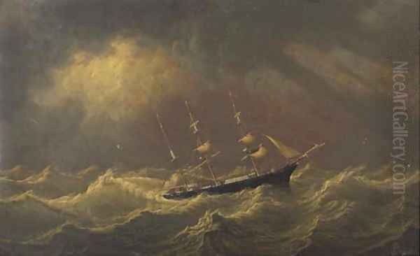 Markwell of Jersey under reduced sail in heavy weather Oil Painting by Philip John Ouless