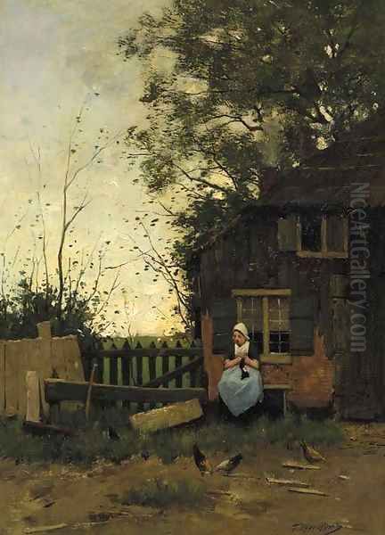 A peasant woman knitting in a farmyard Oil Painting by Tony Lodewijk George Offermans